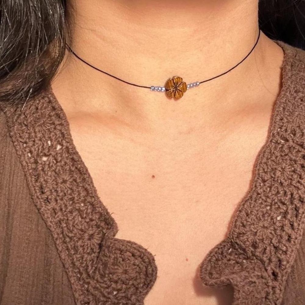 Handmade Wood Flower Choker Necklace  Cord Adjustable Boho Earthy Minimalist